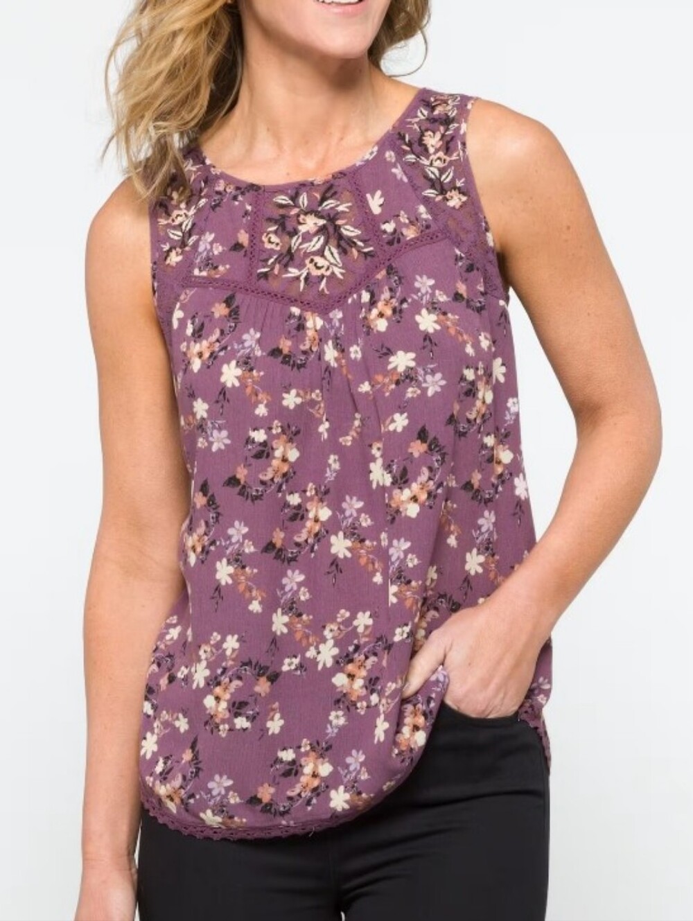 Mason & Belle Sleeveless Floral Pintuck Top in Mauve, Size L